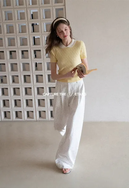 Cable Knit Short Sleeve Sweater with Collar