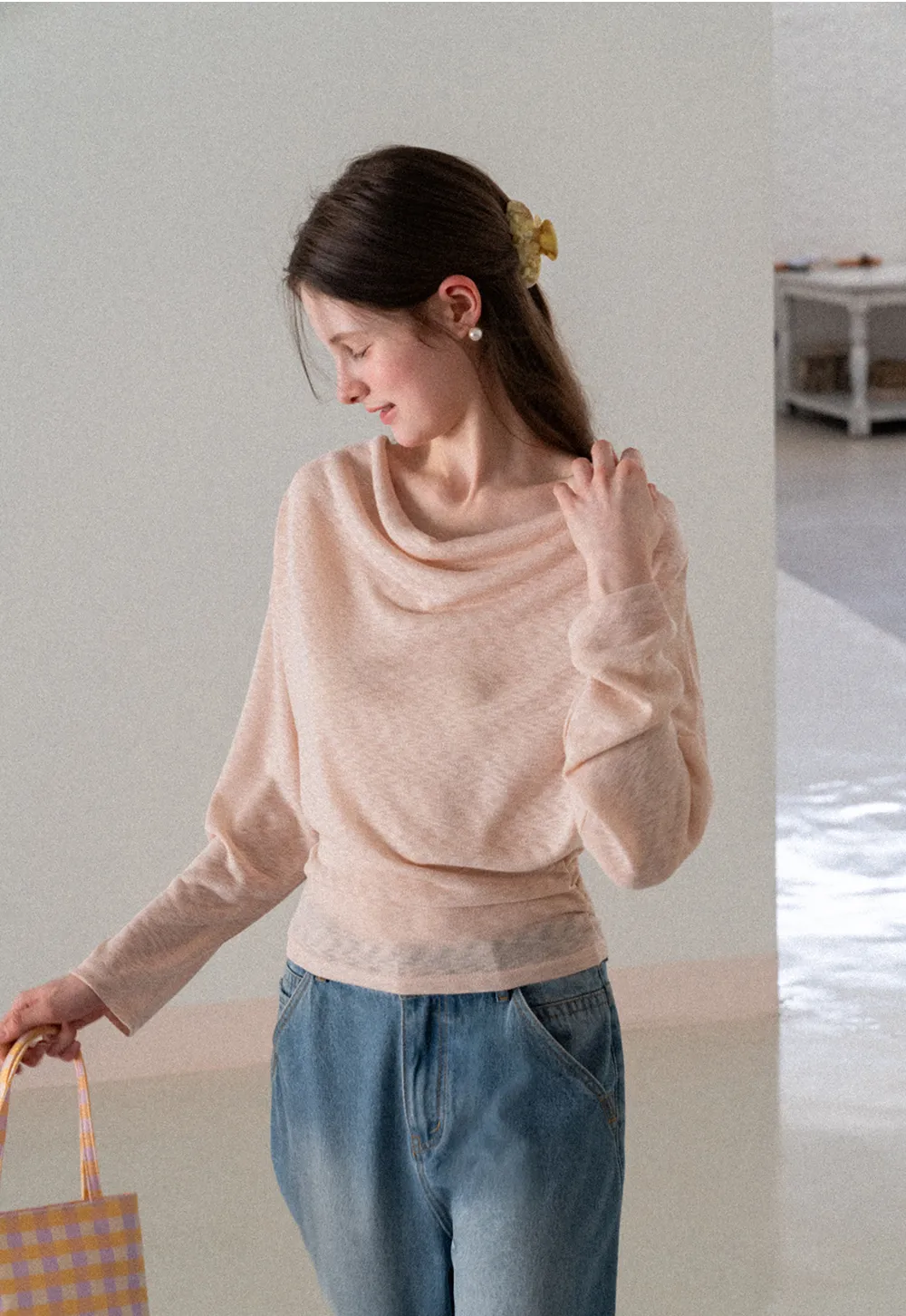 Long sleeve off shoulder draped knit top