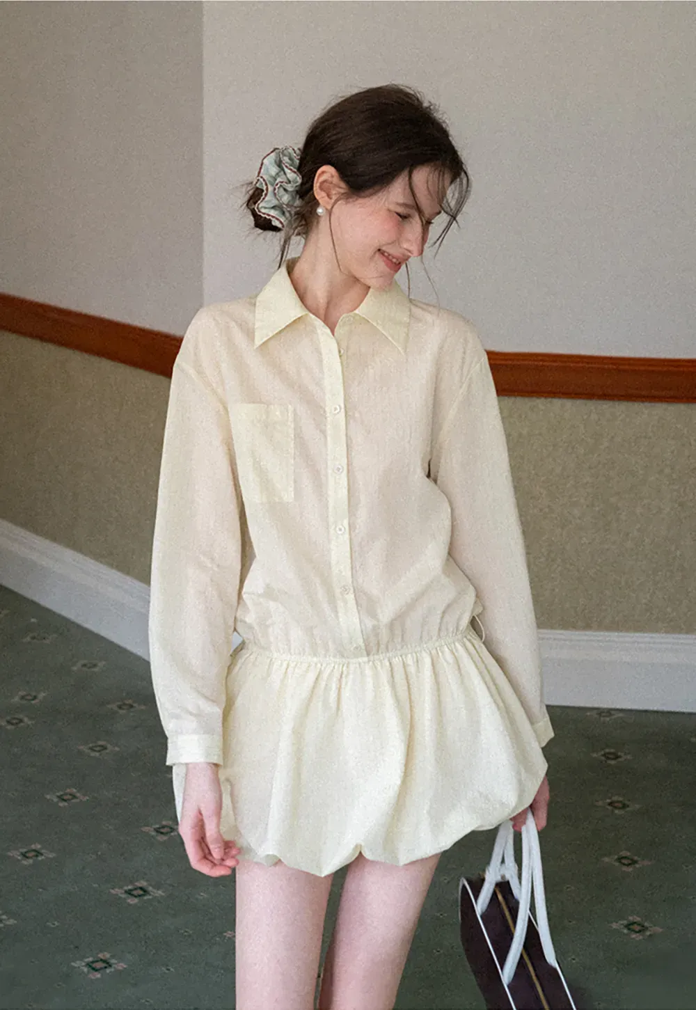 Button Front Shirt Dress with Pleated Pocket and Elastic Waist