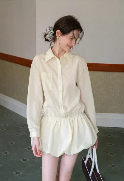 Button Front Shirt Dress with Pleated Pocket and Elastic Waist