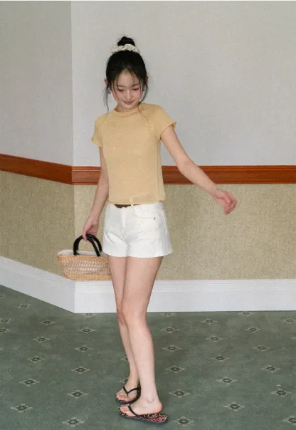 Short Sleeve Ribbed Knit Top with Raglan Sleeves