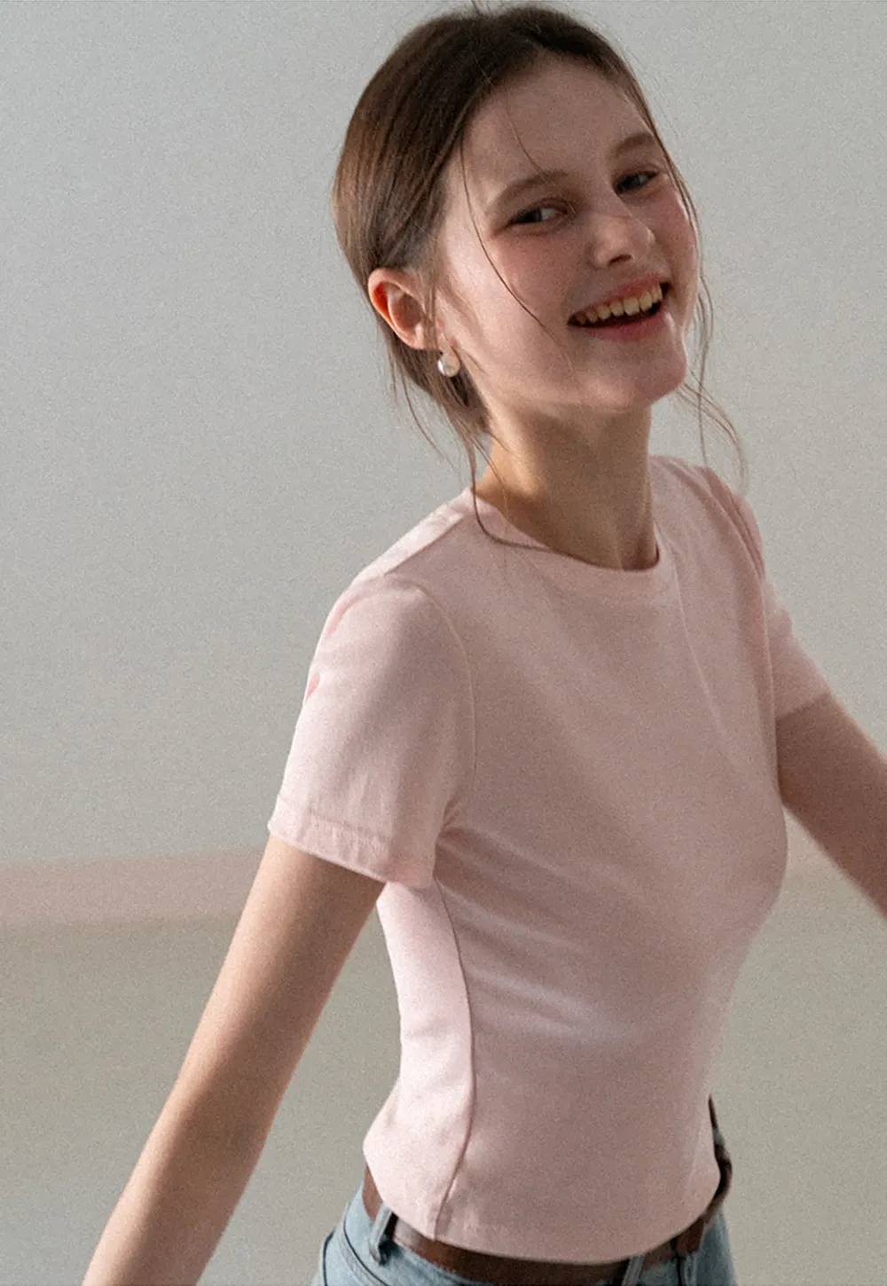 Short Sleeve Crew Neck T Shirt with Sheer Scarf Detail