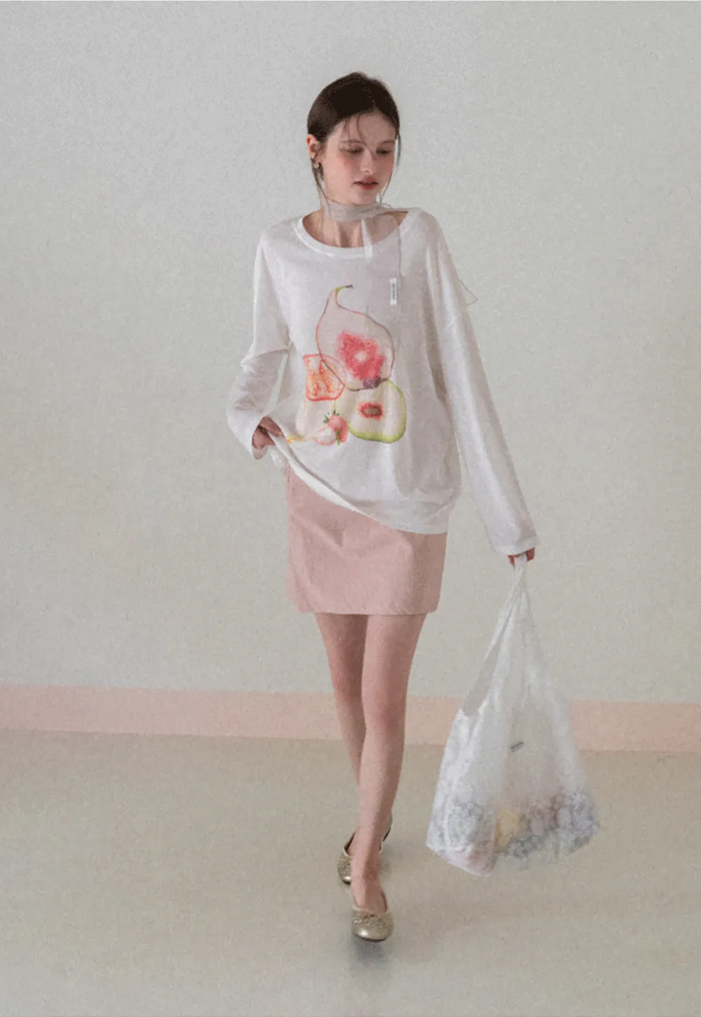 Oversized T shirt with fruit print and sheer neck detail