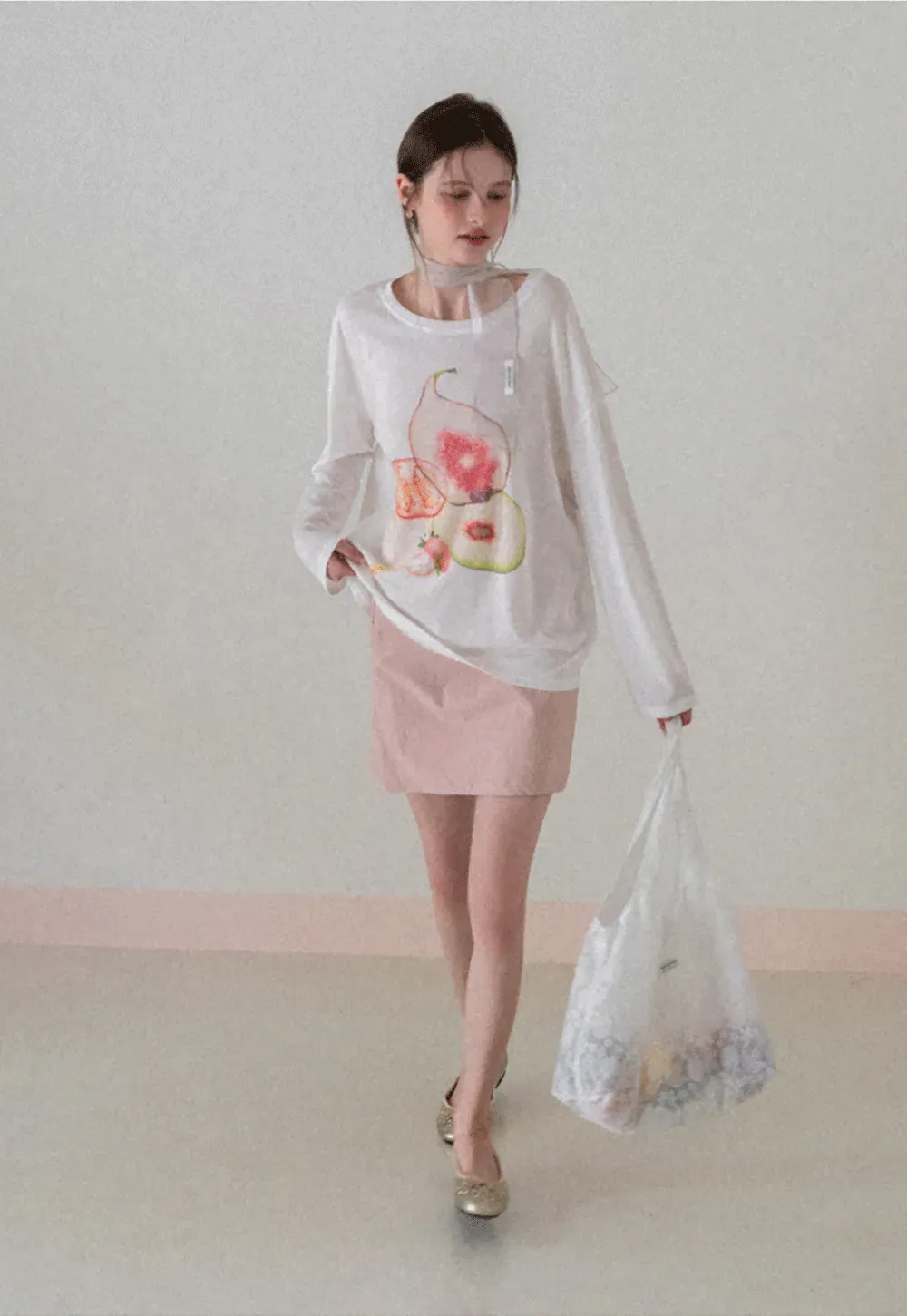 Oversized T shirt with fruit print and sheer neck detail