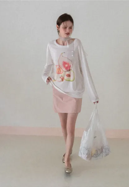 Oversized T shirt with fruit print and sheer neck detail