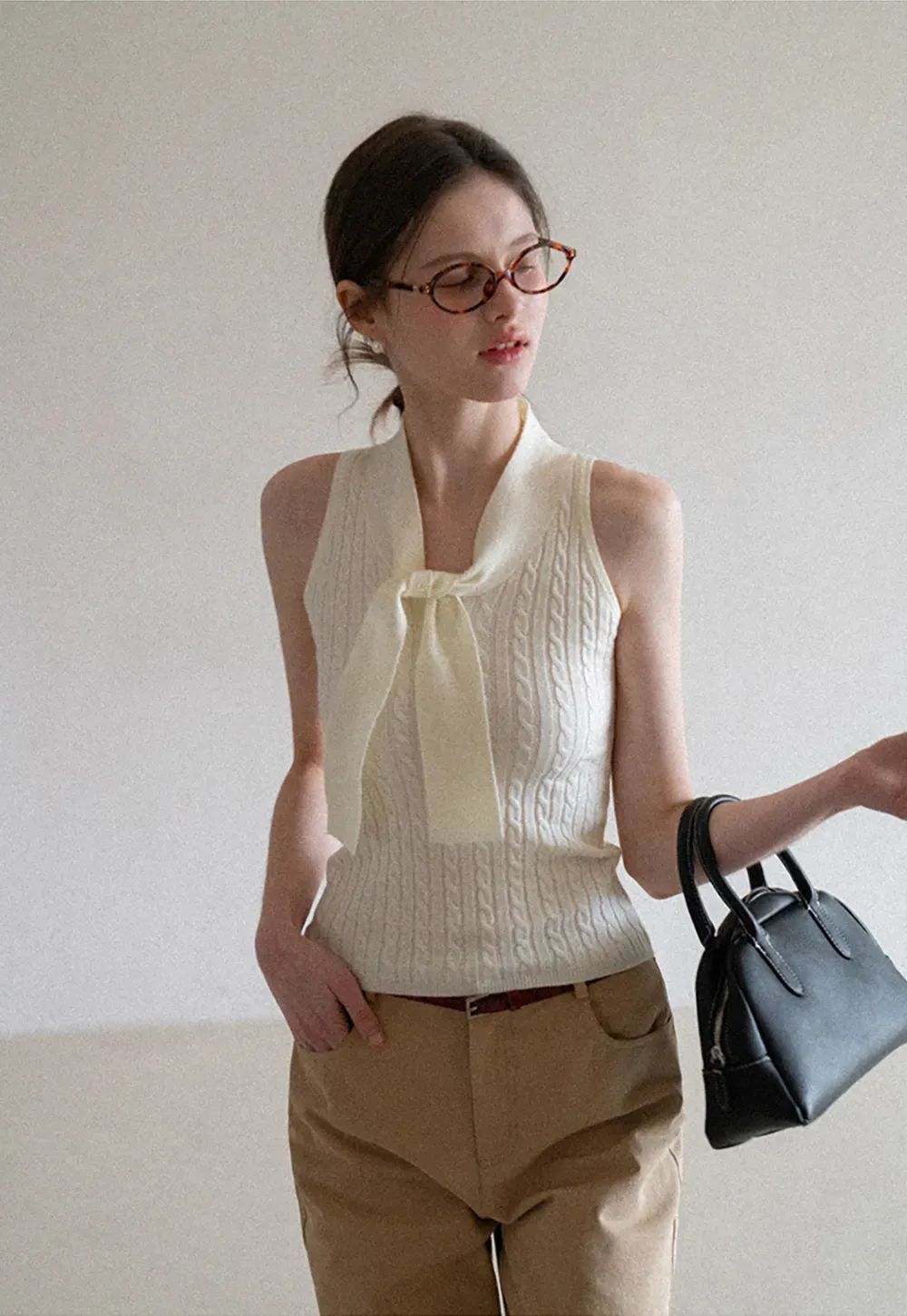 Knit Sleeveless Top with Front Bow Detail