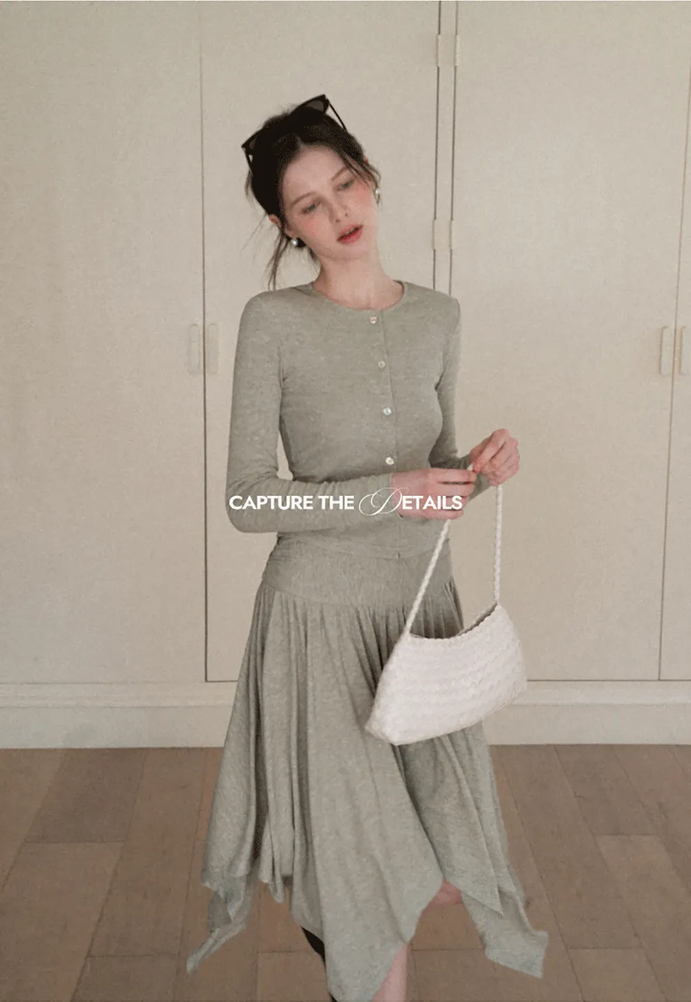 Long sleeve button front top and asymmetrical skirt