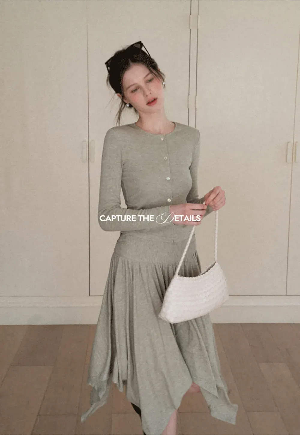 Long sleeve button front top and asymmetrical skirt