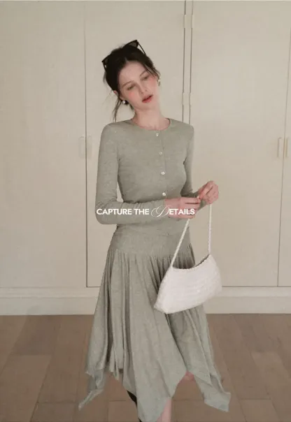 Long sleeve button front top and asymmetrical skirt