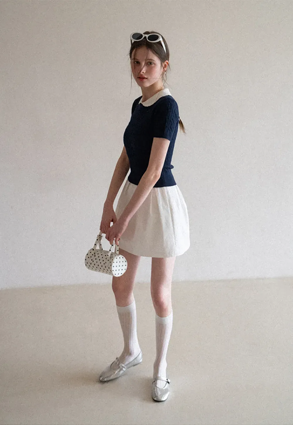 Cable Knit Short Sleeve Sweater with Collar