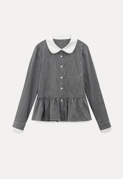 Peplum Gingham Collar Shirt with Flared Hem