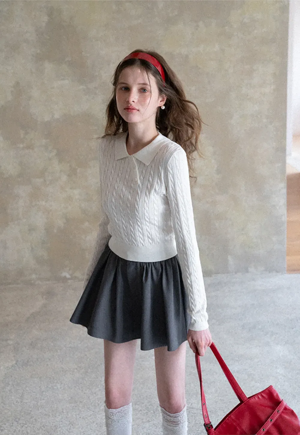 Cable Knit Long Sleeve Polo Neck Cropped Sweater