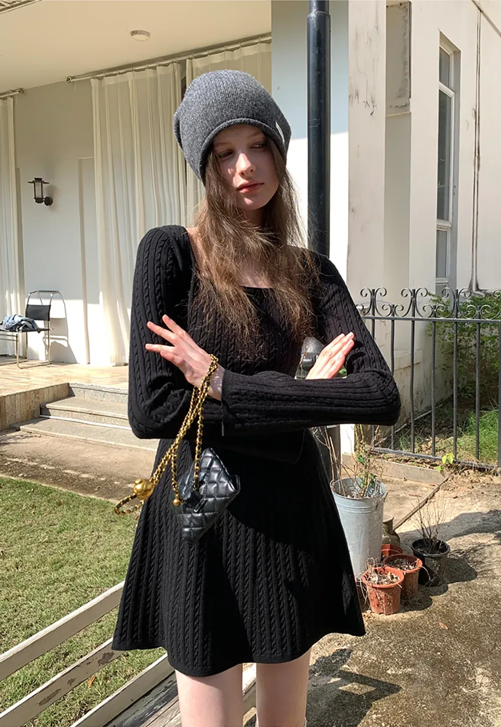 Elegant Cable Knit Flare Dress