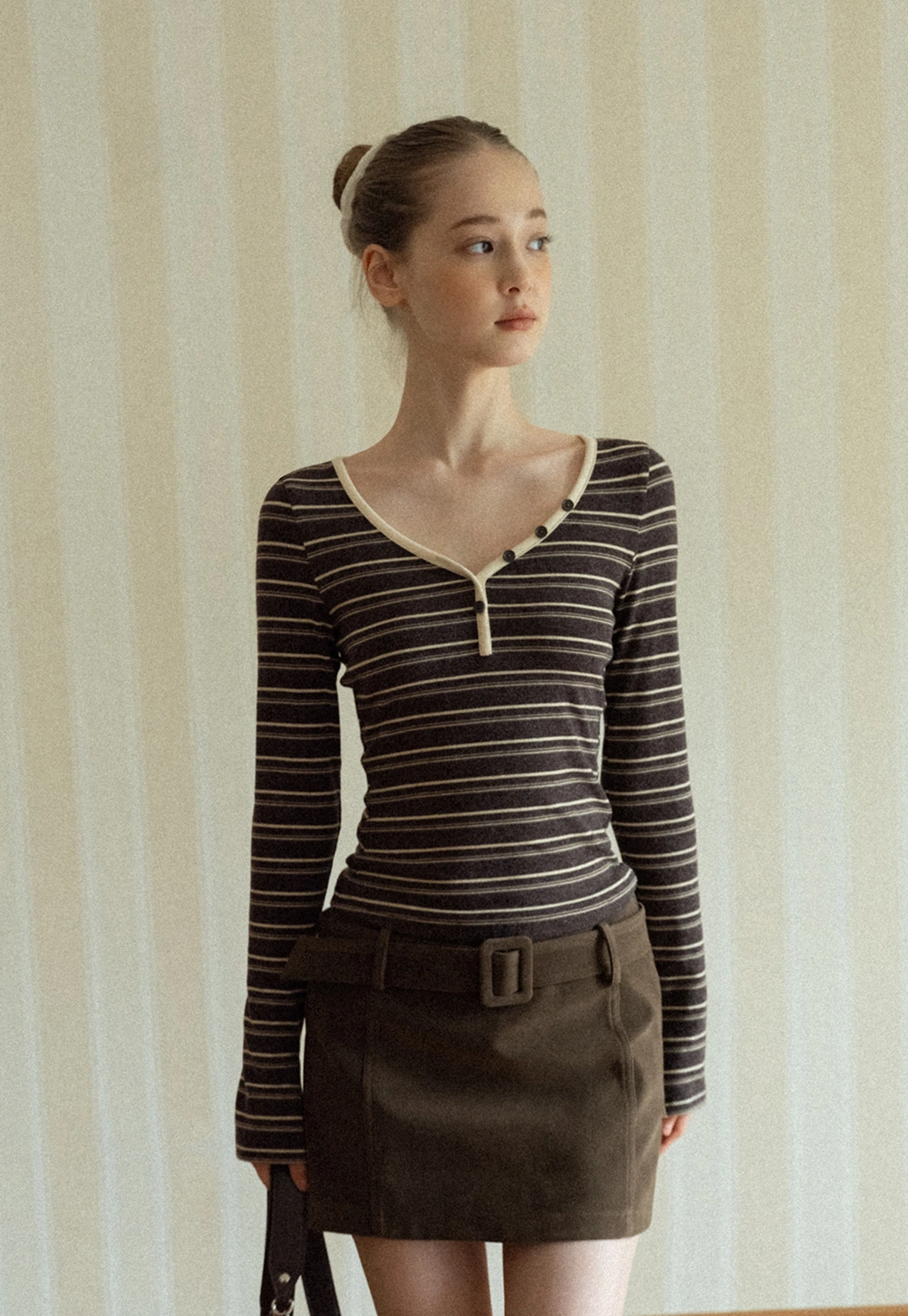 Women Striped Long Sleeve V-Neck Top