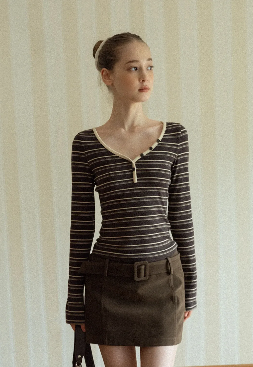 Women Striped Long Sleeve V-Neck Top