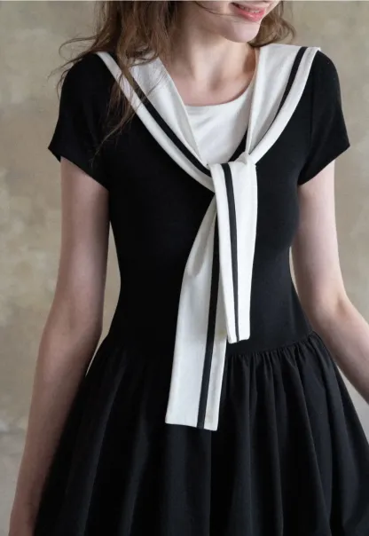 Sailor Collar Short Sleeve Flared Dress