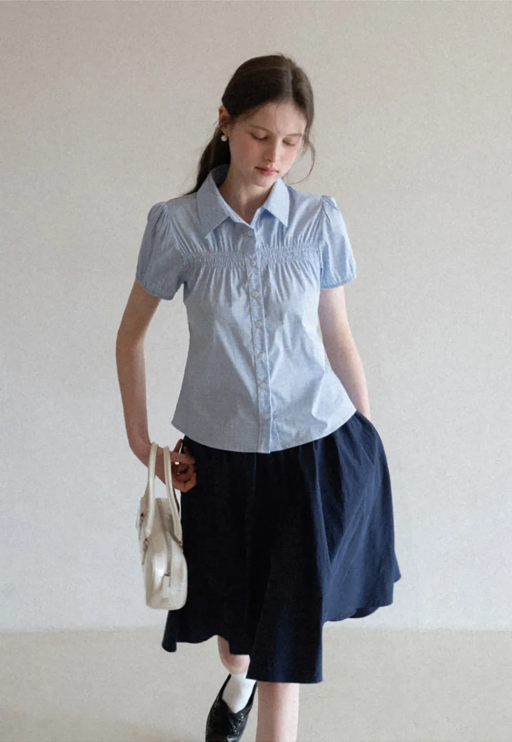 Short Sleeve Button Up Shirt with Pleated Detail