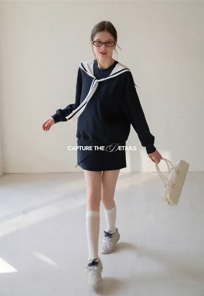 Sailor collar sweatshirt scarf shawl skirt set