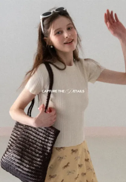 Ribbed Knit Short Sleeve Crew Neck Sweater