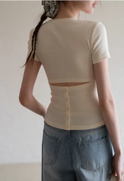 Short Sleeve Crop Top with Back Buttons