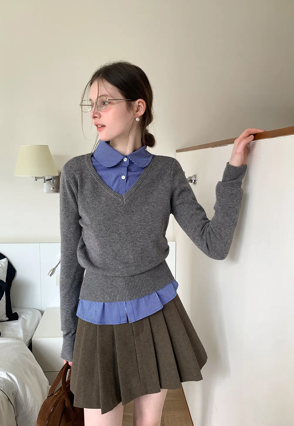 V Neck Knit Sweater with Layered Collar Design