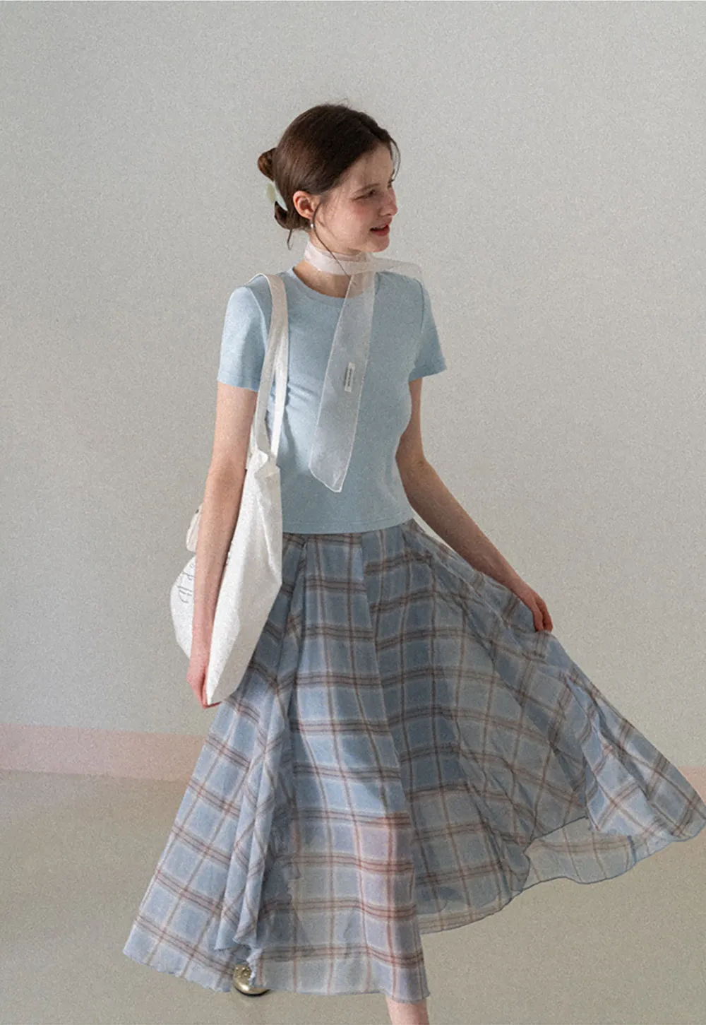 Short Sleeve Crew Neck T Shirt with Sheer Scarf Detail