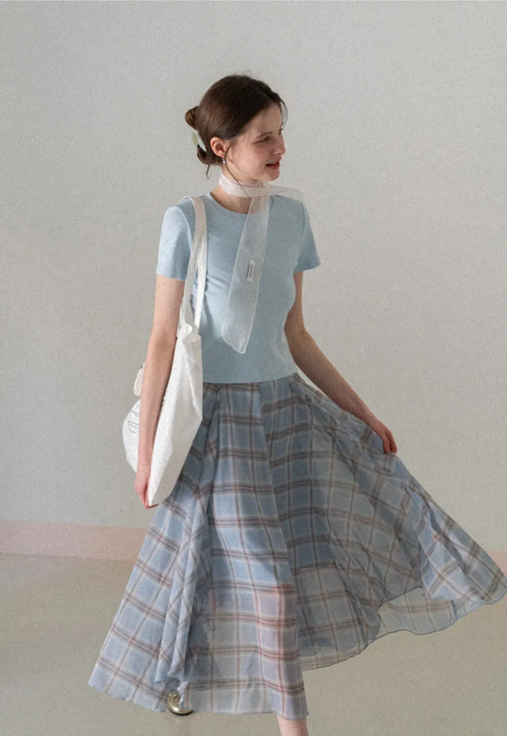 Short Sleeve Crew Neck T Shirt with Sheer Scarf Detail