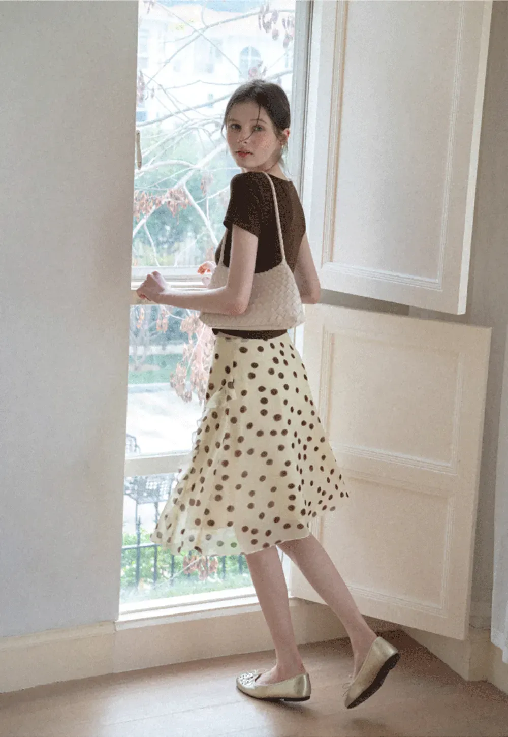 Polka dot ruffled asymmetrical midi skirt