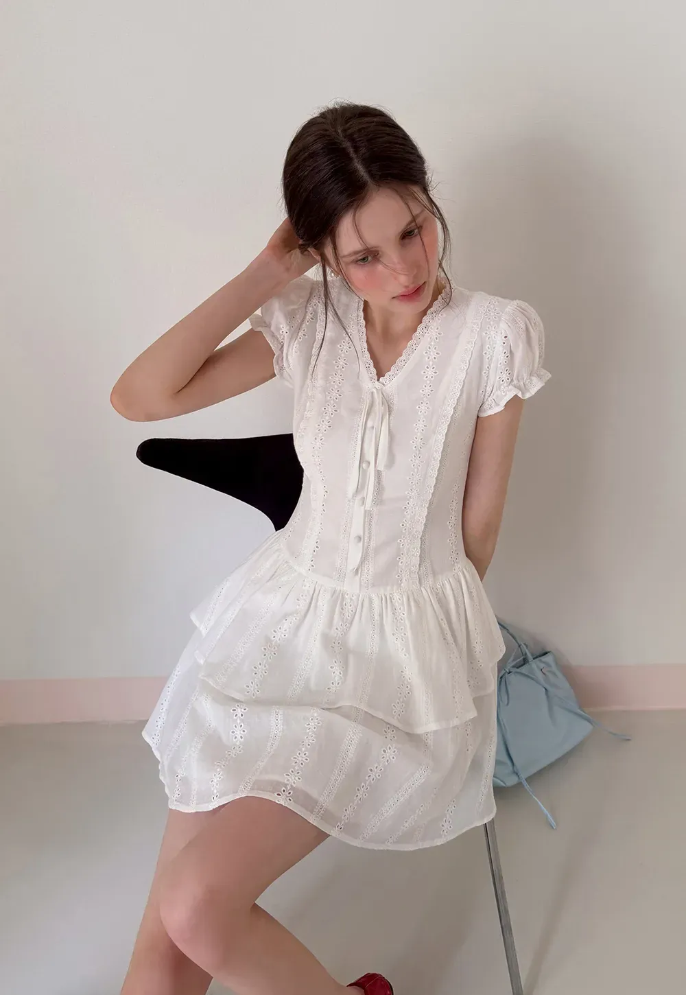 Eyelet Lace Dress with Puffed Sleeves and Tiered Skirt