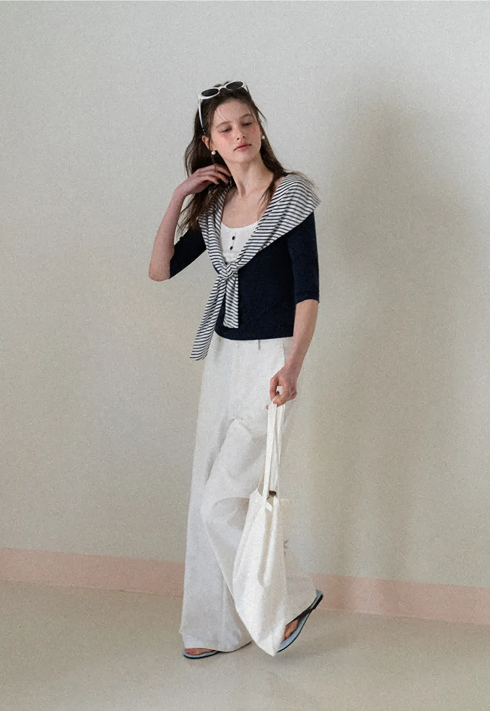 Striped collar tie front short sleeve top