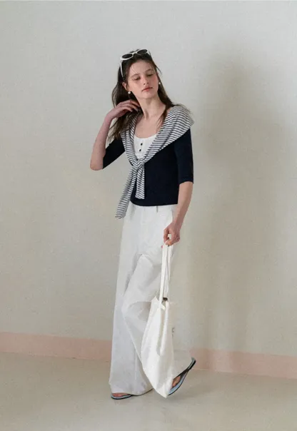 Striped collar tie front short sleeve top