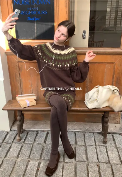 Woolen Knit Sweater and Skirt Set with Pattern Design