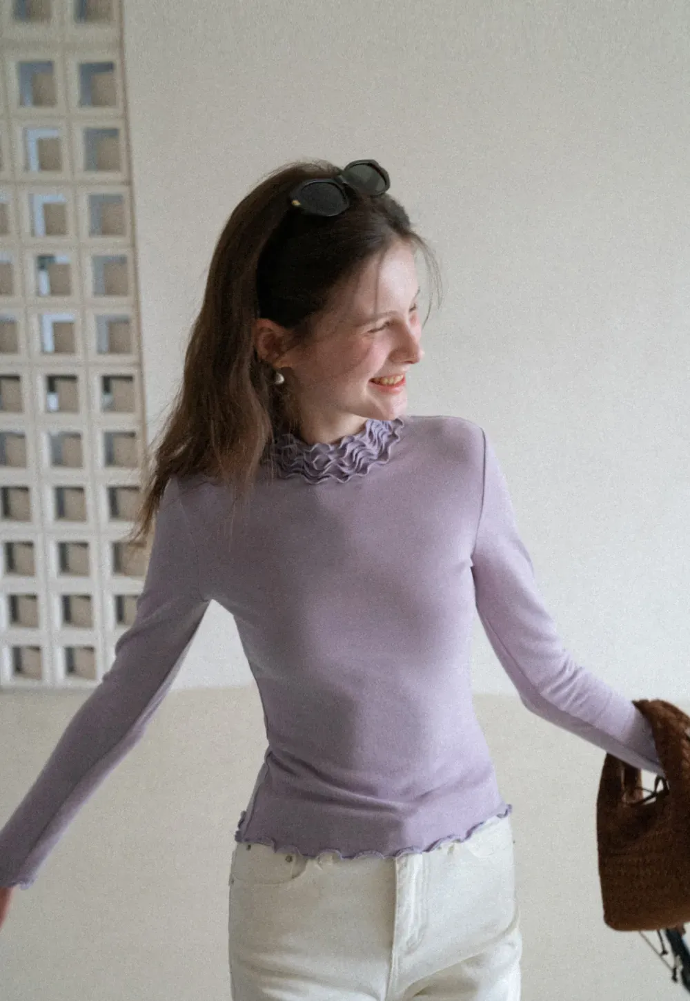 Elegant High Neck Long Sleeve Top with Ruffle Detail