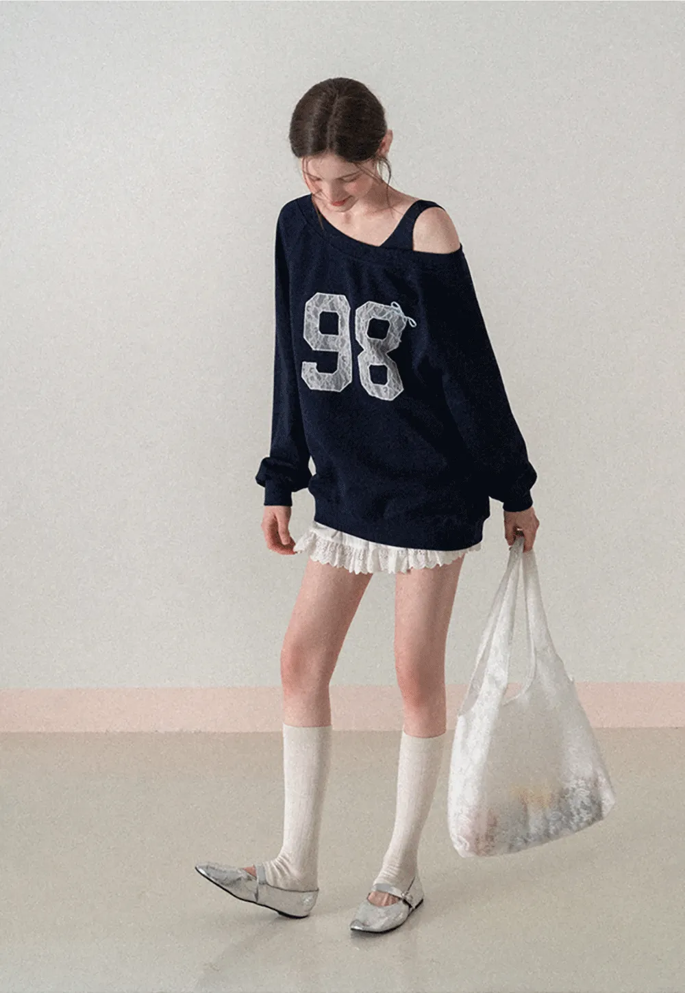 Off Shoulder Sweatshirt with Lace Number Print