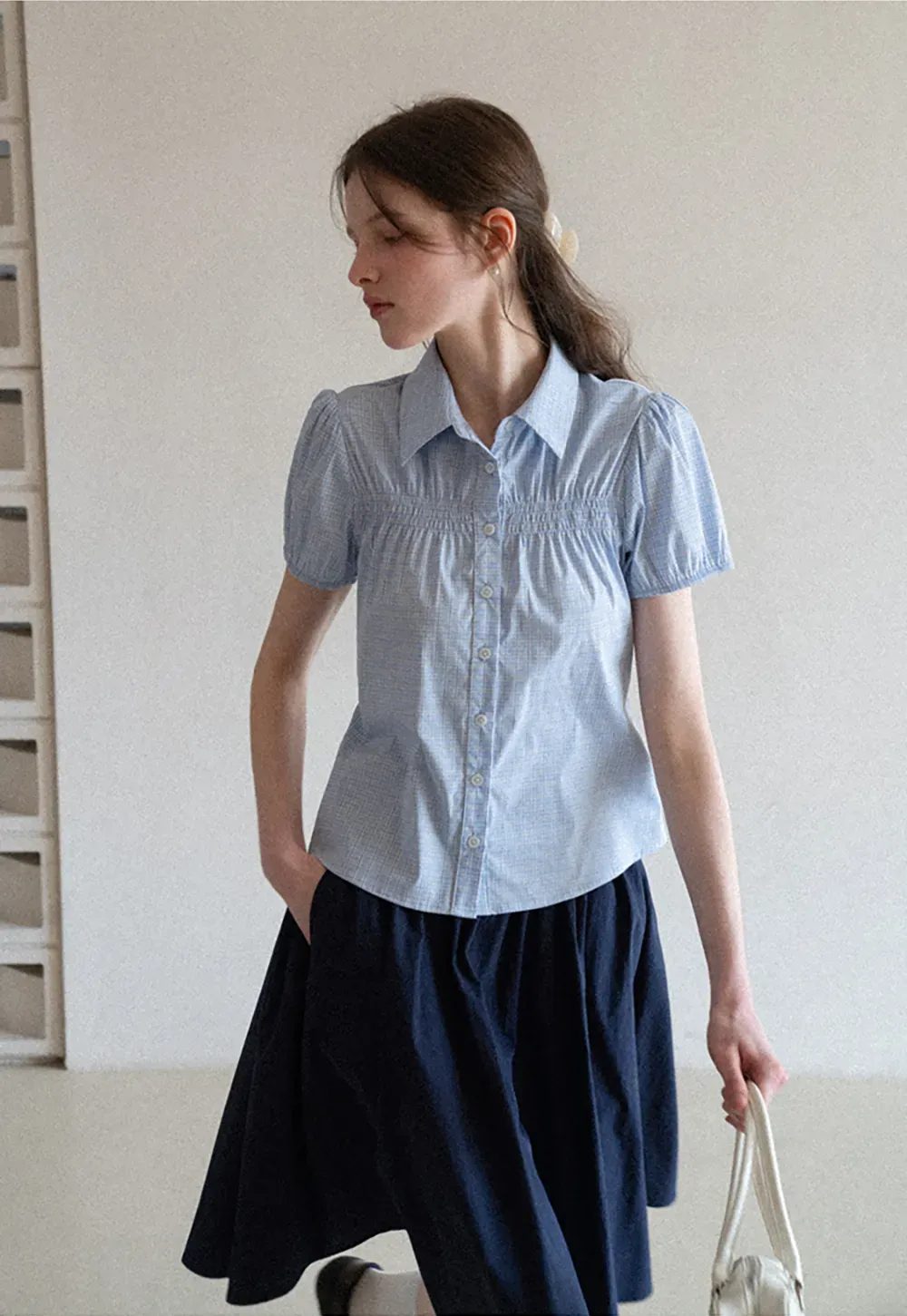 Short Sleeve Button Up Shirt with Pleated Detail