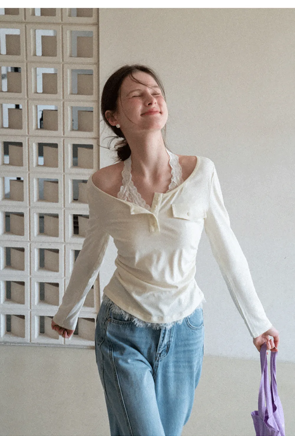 Long sleeve Henley top with lace trim