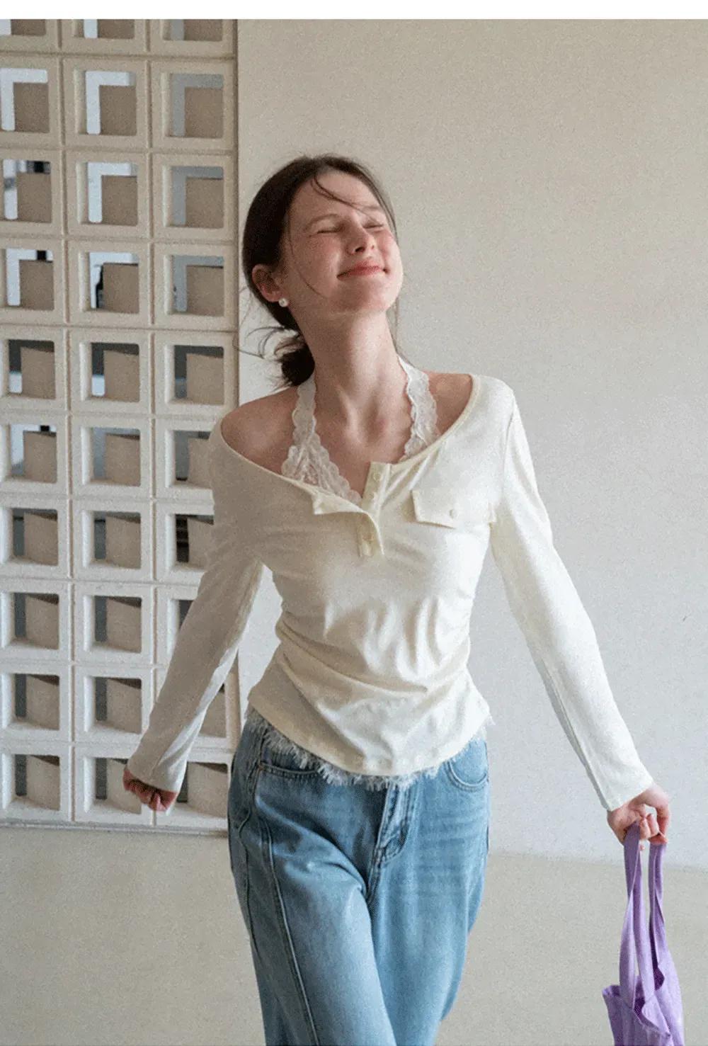 Long sleeve Henley top with lace trim