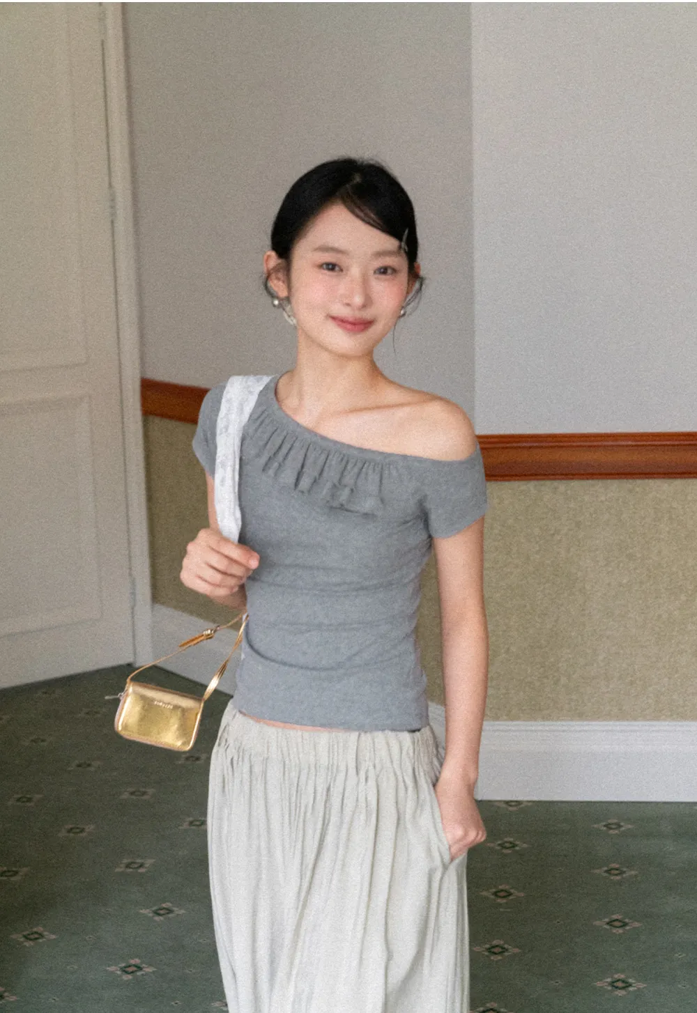 Off shoulder short sleeve top with ruffle detail