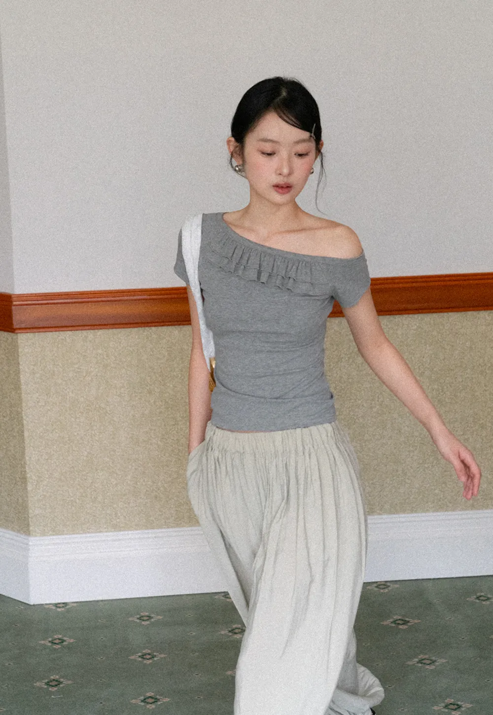 Off shoulder short sleeve top with ruffle detail