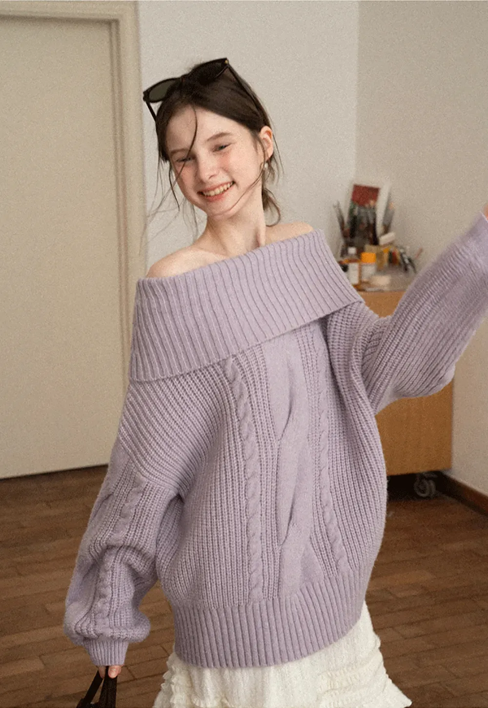 Gray Cable-Knit Turtleneck Sweater