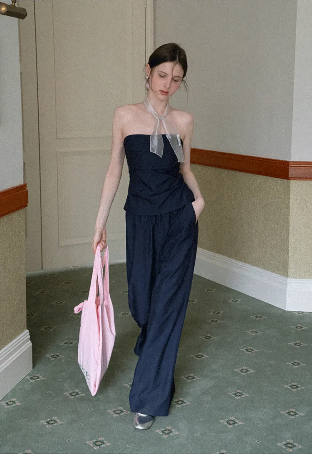 Strapless top with sheer neck tie and loose fit pants