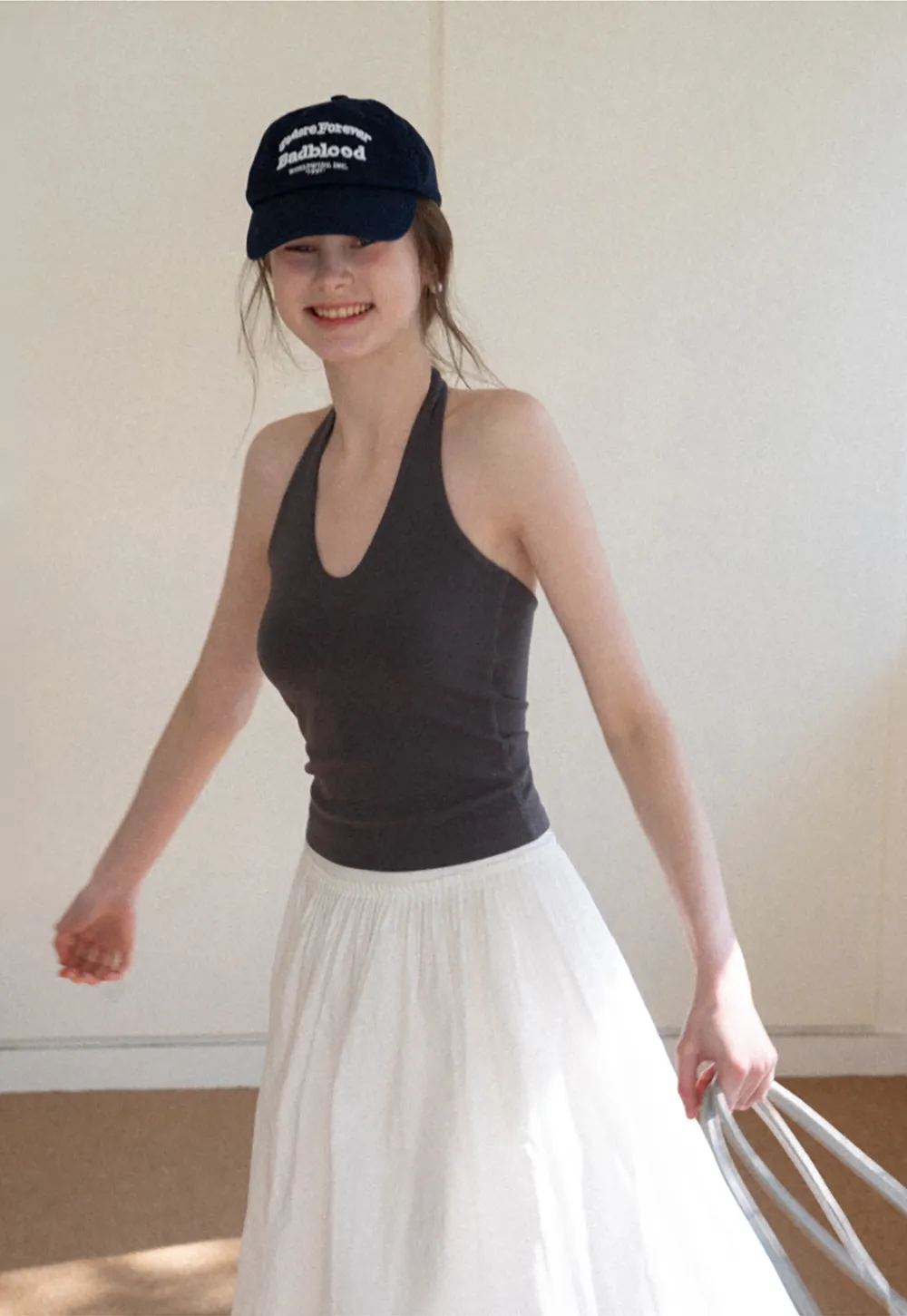 V neck halter tank top with fitted silhouette