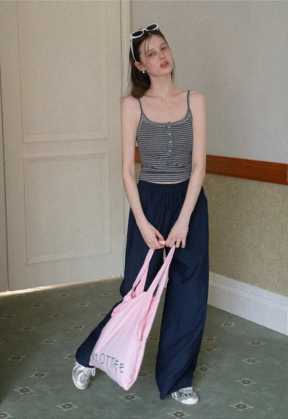 Strapless top with sheer neck tie and loose fit pants