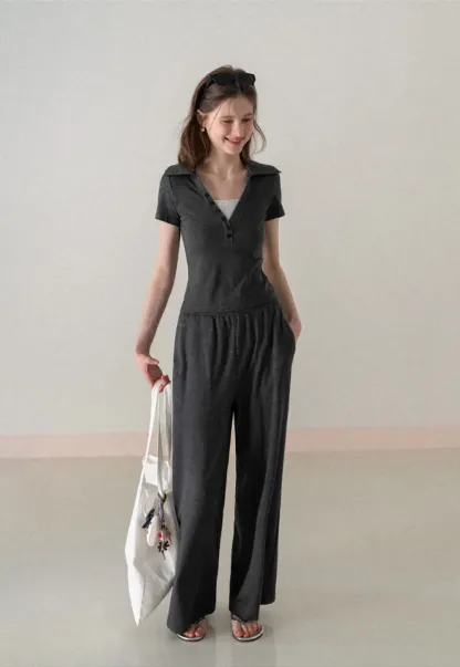 Polo shirt with buttons and wide leg casual pants