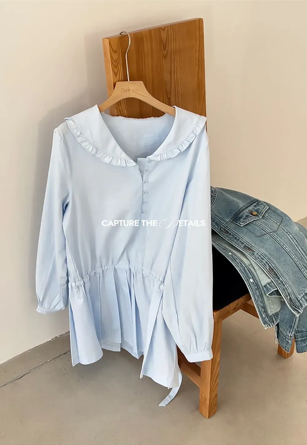 Pleated Hem Long Sleeve Blouse with Ruffled Collar