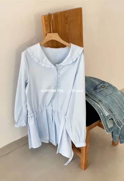 Pleated Hem Long Sleeve Blouse with Ruffled Collar