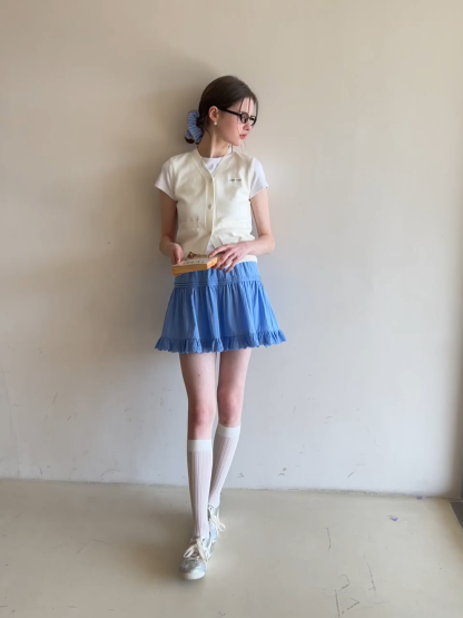 Eyelet Trimmed Tiered Skirt with Ruffled Hem