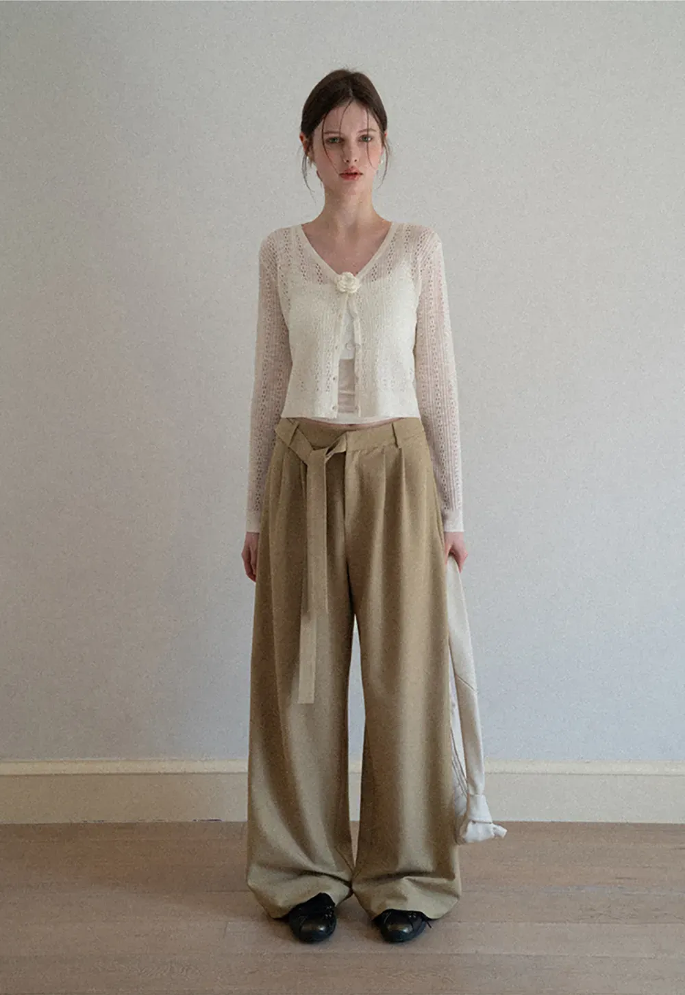 Wide leg casual pants with waist tie