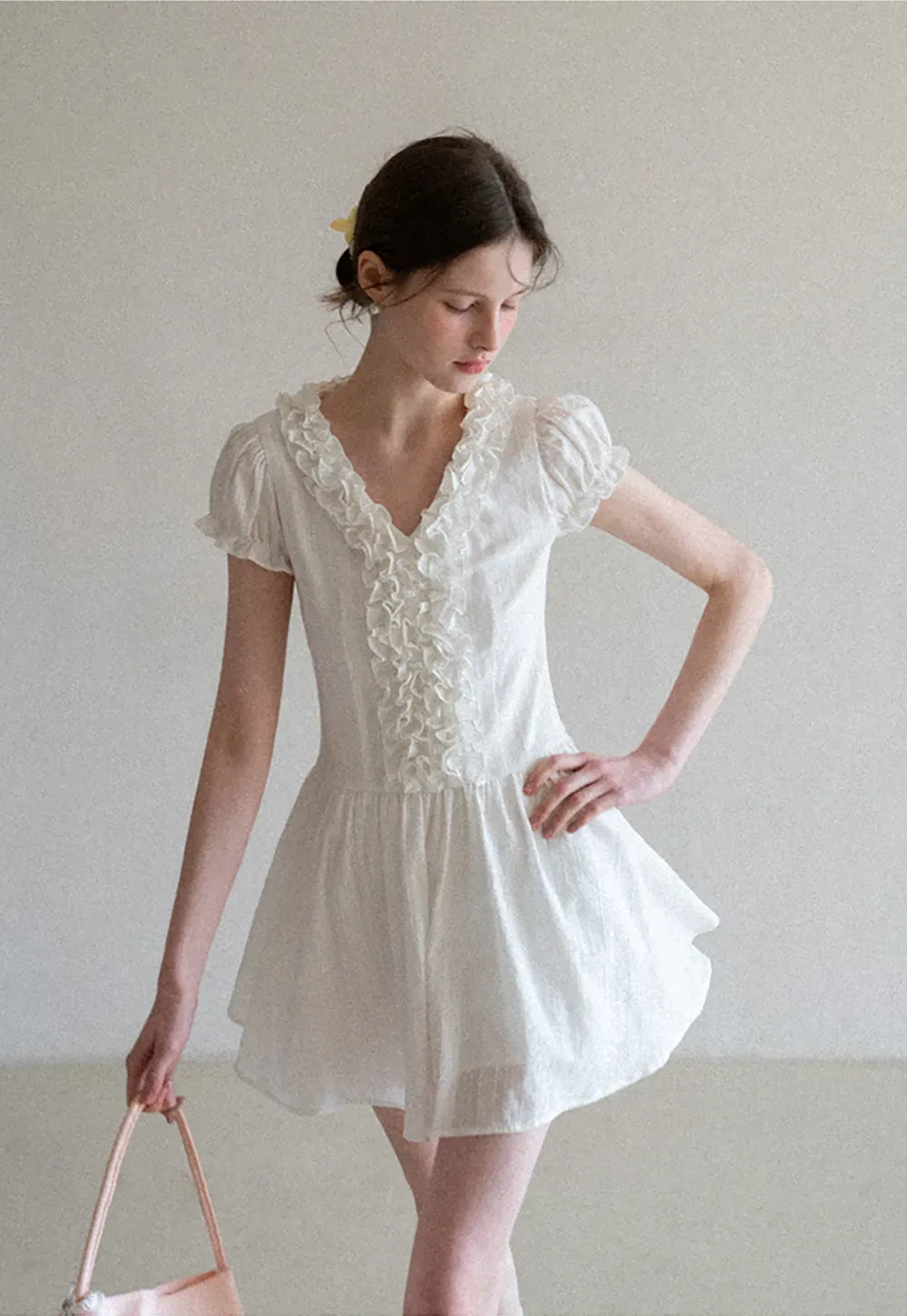 Ruffled V Neck Short Sleeve A Line Dress