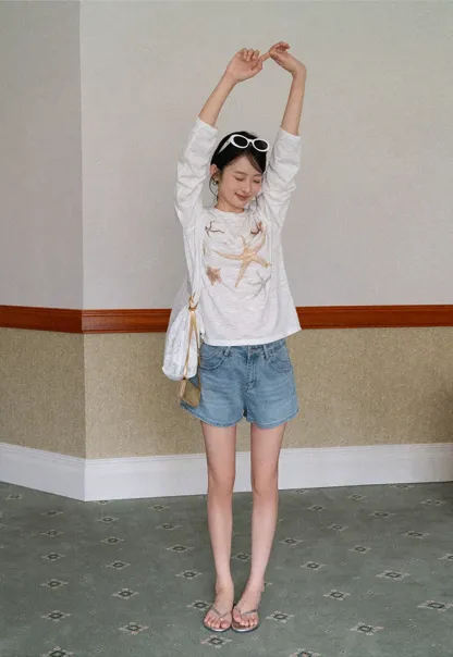Long sleeve T shirt with starfish embroidery